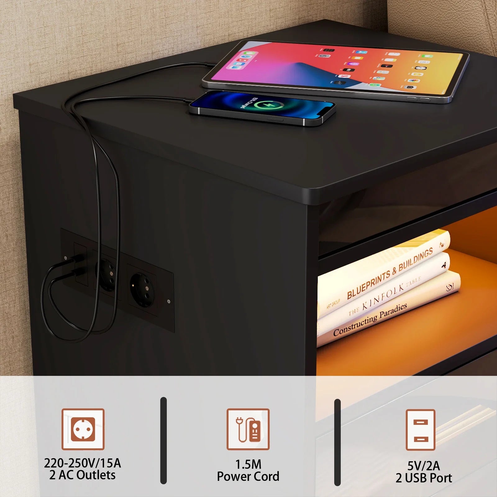 Table de chevet noir et bois avec prise -