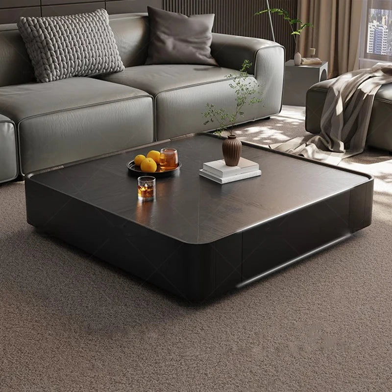 Table basse bois noir de forme carrée avec tiroirs de rangement -