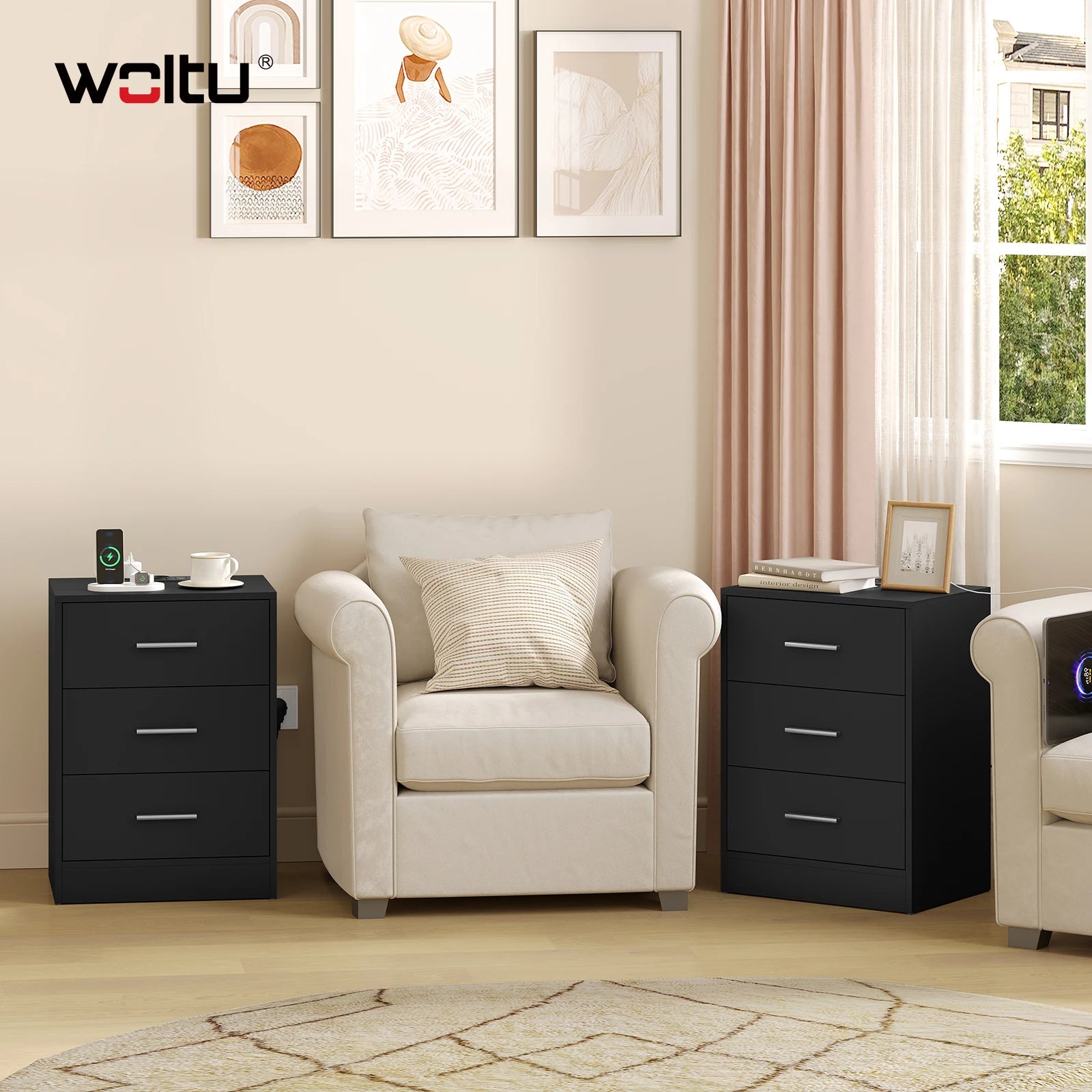 Table de chevet avec prise 3 tiroirs blanc -