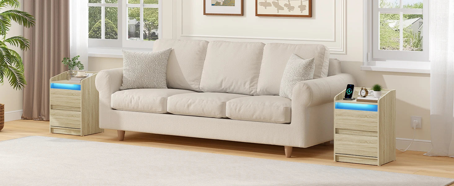 Table de nuit LED avec prise USB, 2 tiroirs -