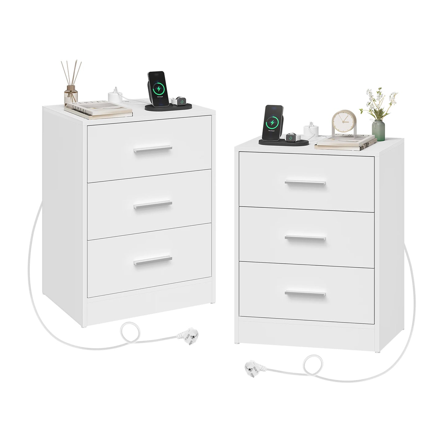 Table de chevet avec prise 3 tiroirs blanc -