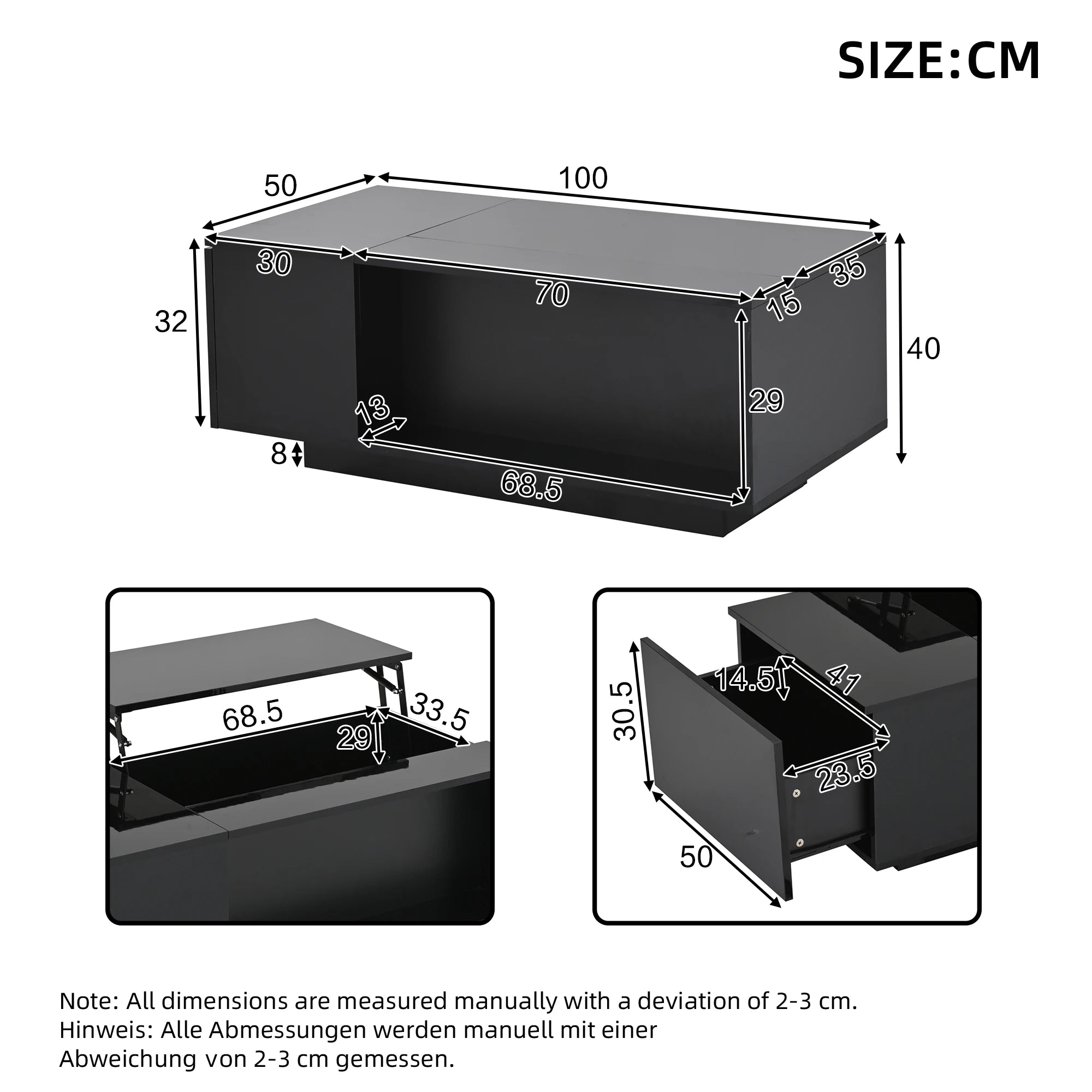 Table basse hauteur réglable 100×50×40 cm -