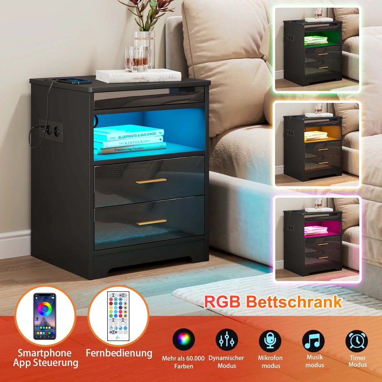 Table de chevet noir et bois avec prise -