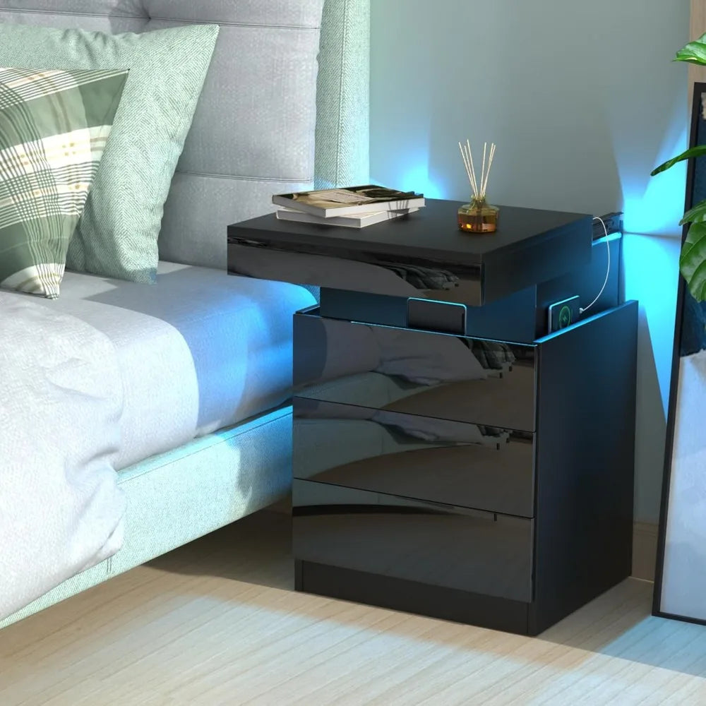 Table de Chevet design noir avec 3 Tiroirs et LED -