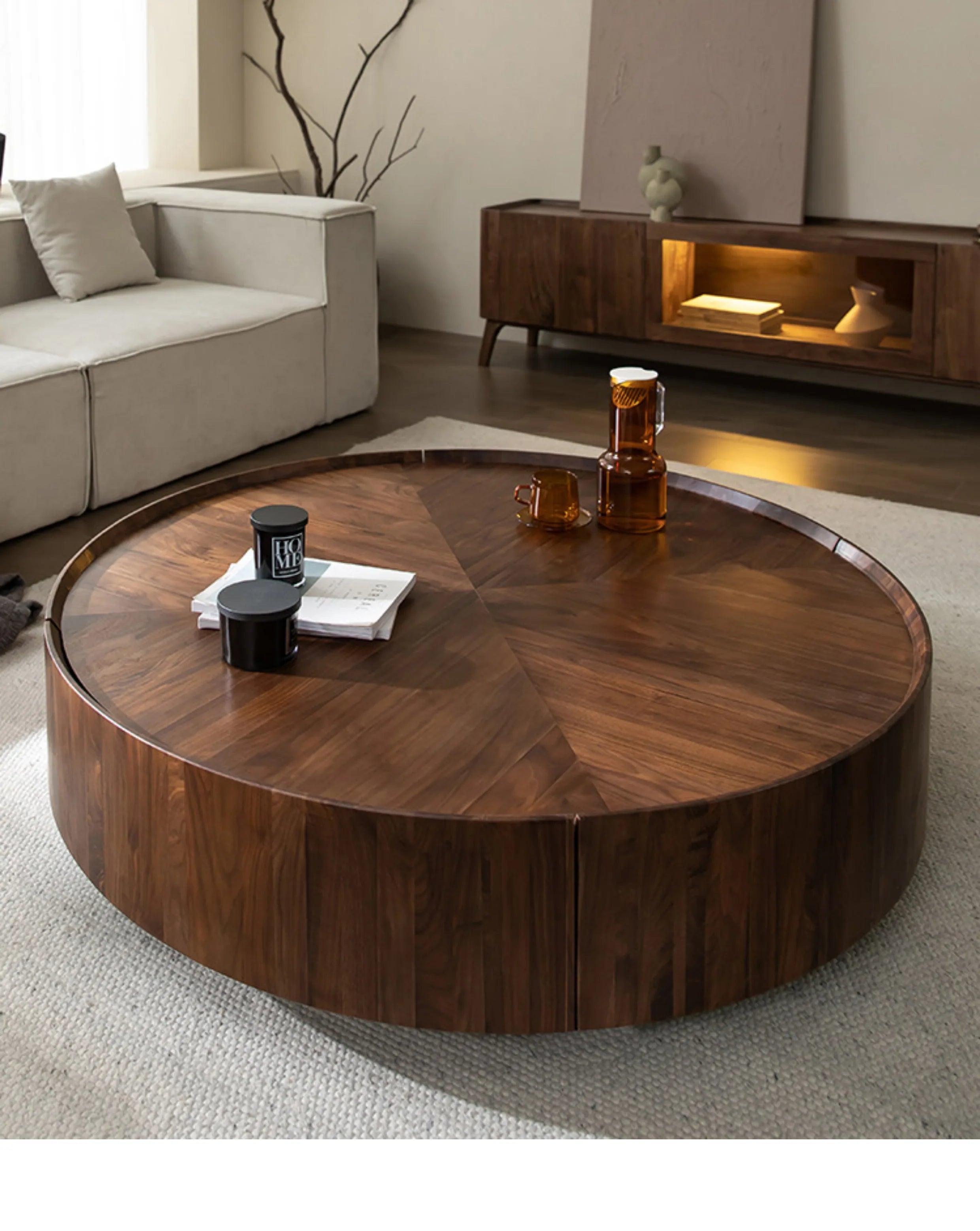 Table basse bois flottant ronde avec tiroirs sur le coté -