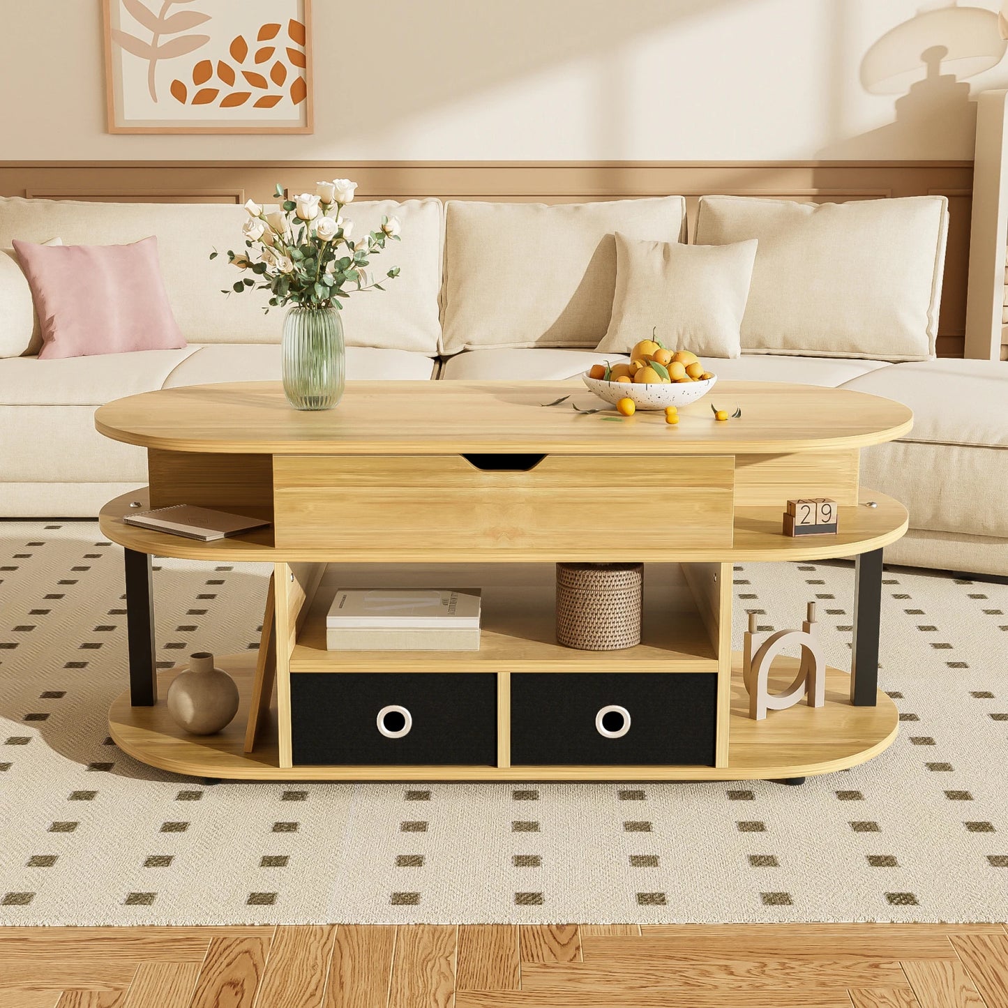 Table basse en bois transformable à plusieurs compartiments -