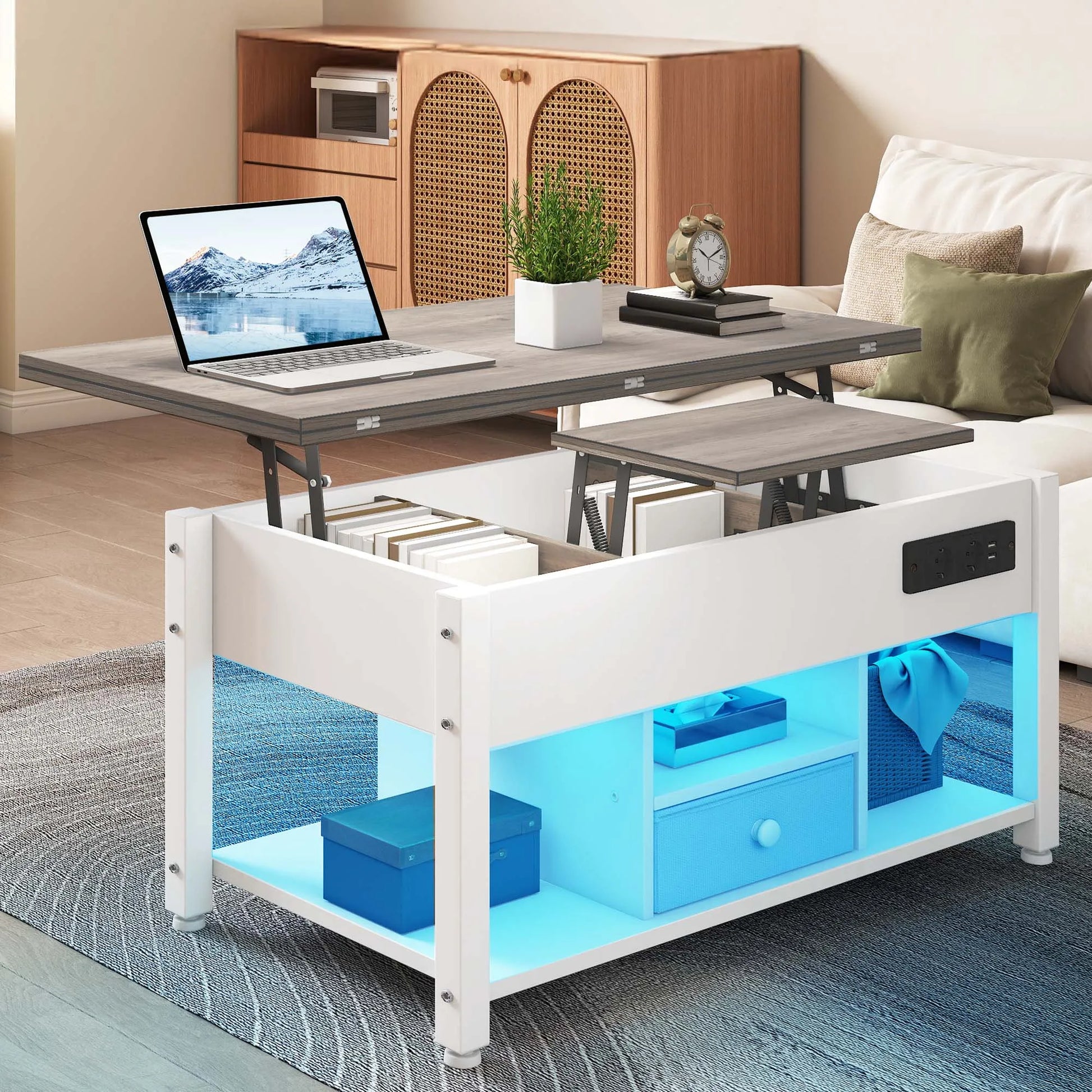 Table basse grise et blanche 4 en 1 transformable - Blanc gris Table basse