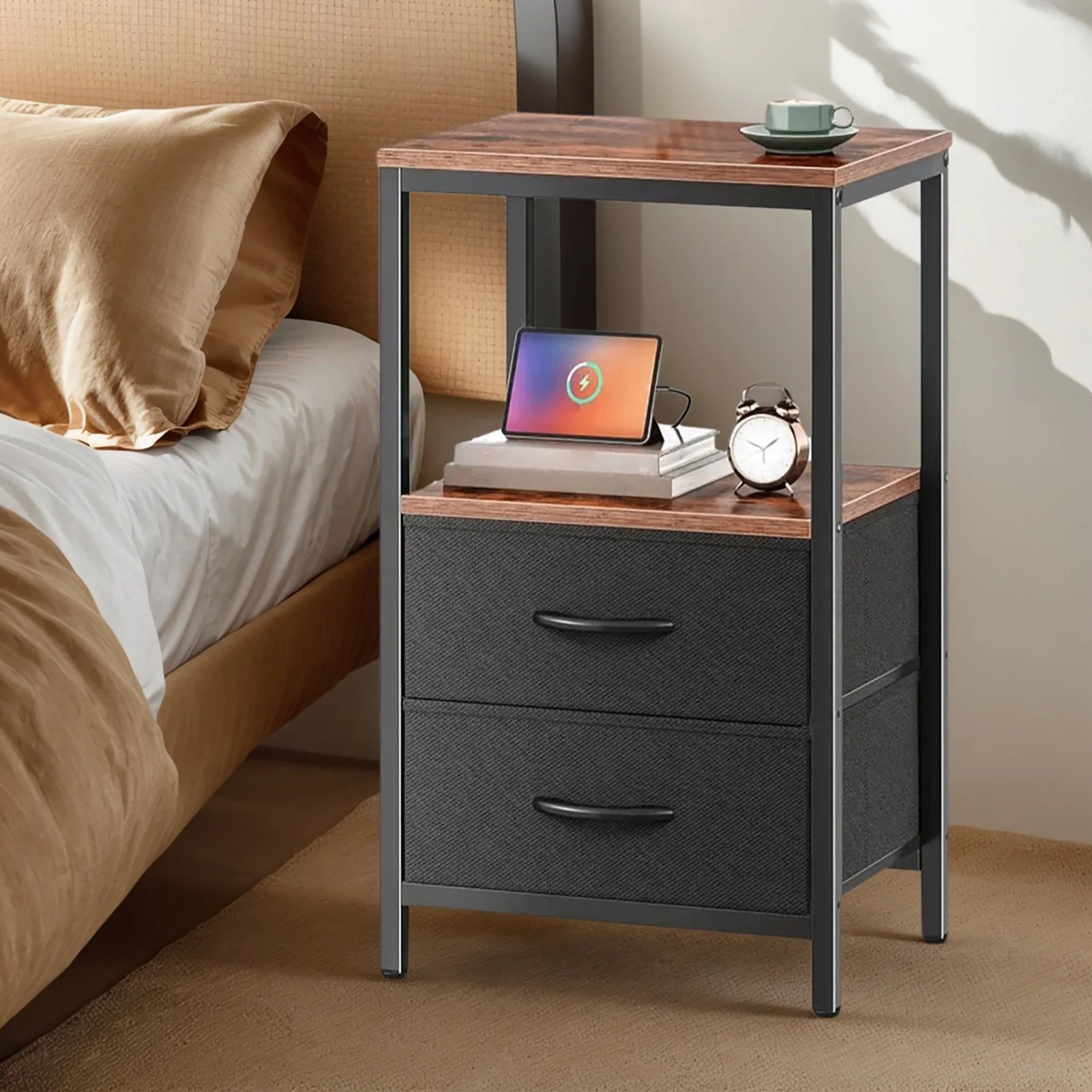 Table de chevet en MDF et acier carbone à 2 tiroirs -