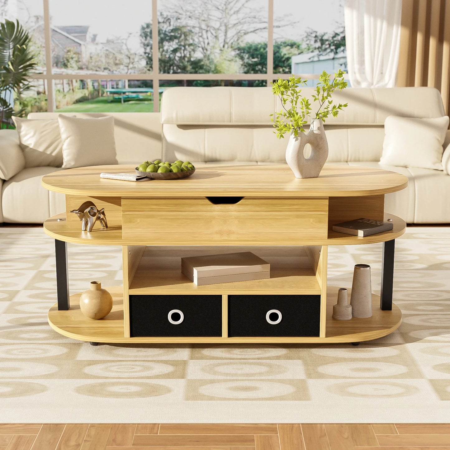 Table basse en bois transformable à plusieurs compartiments -