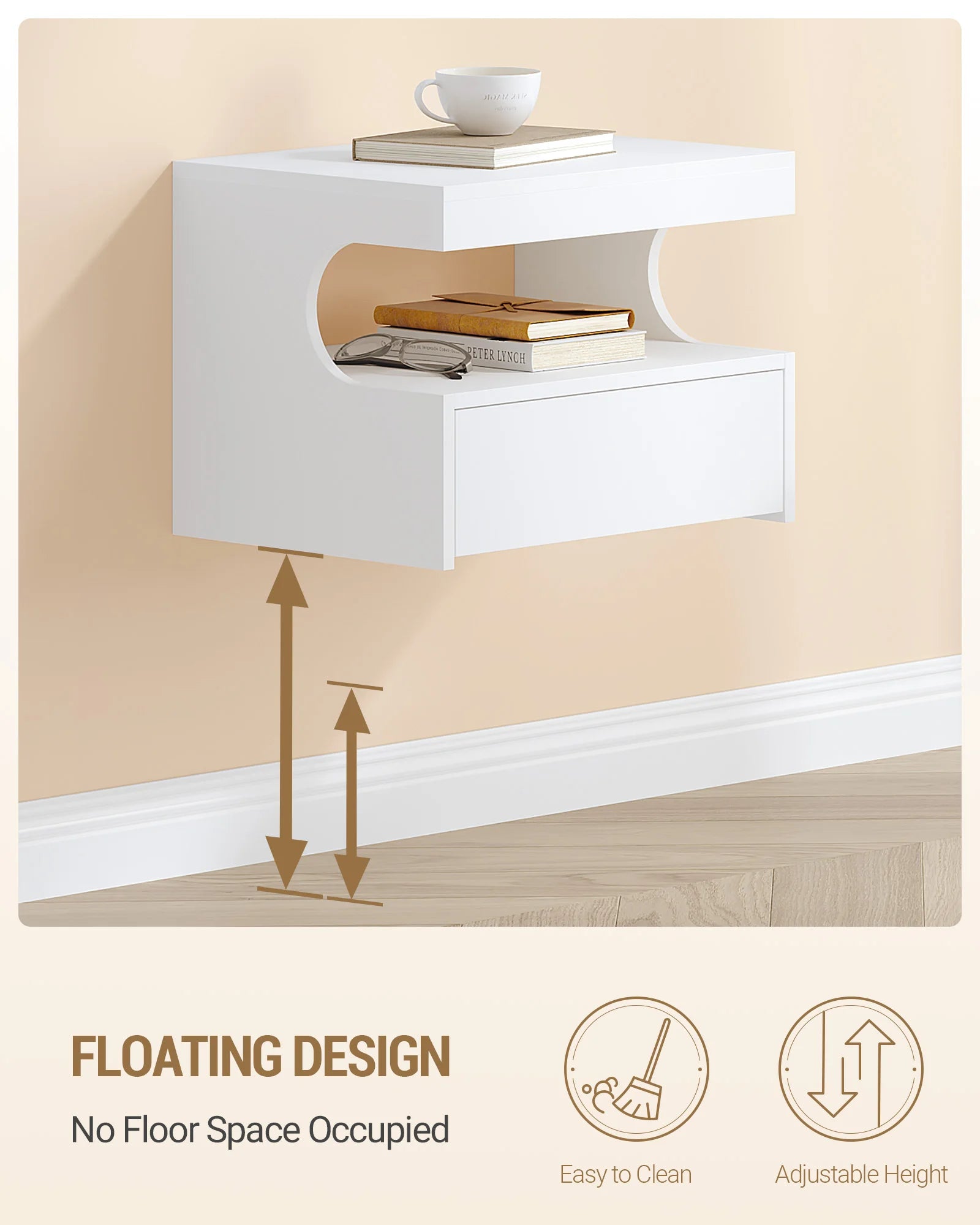 Table de nuit flottante blanche pour chambre - 1 pièce -