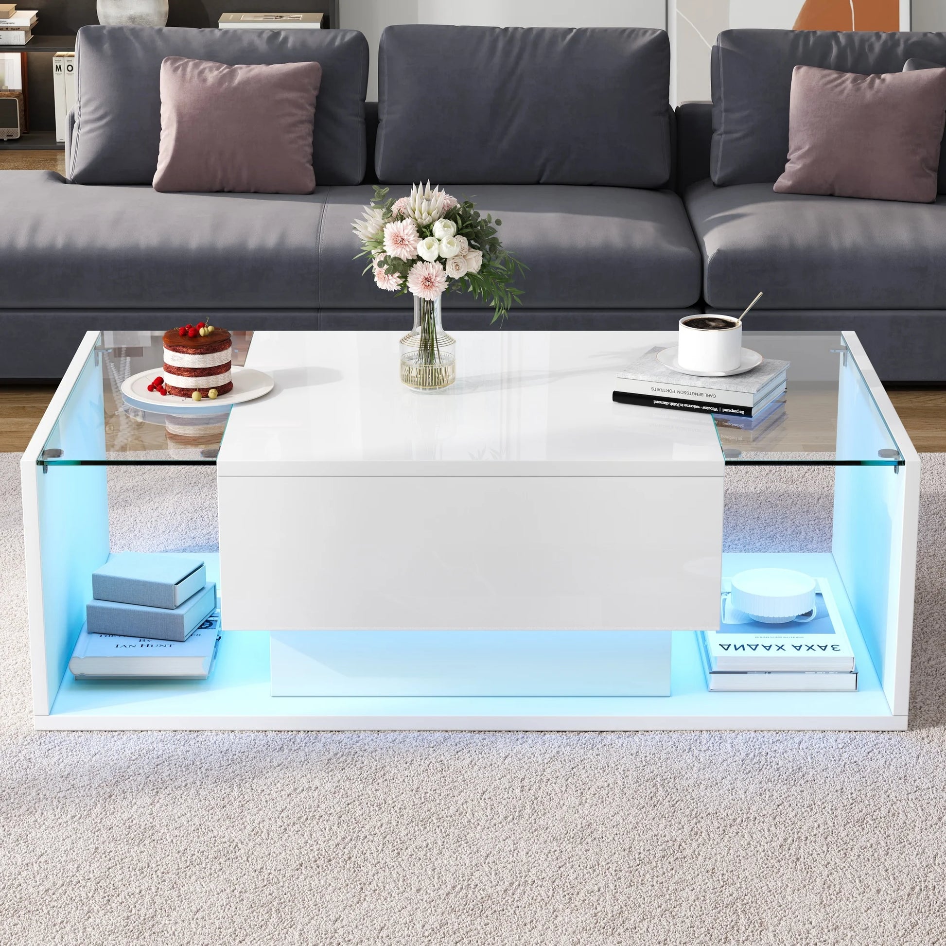 Table basse bois blanche et verre + led lumineux -