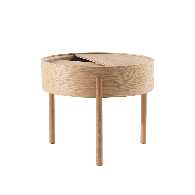 Table basse bois clair scandinave ronde avec rangement -