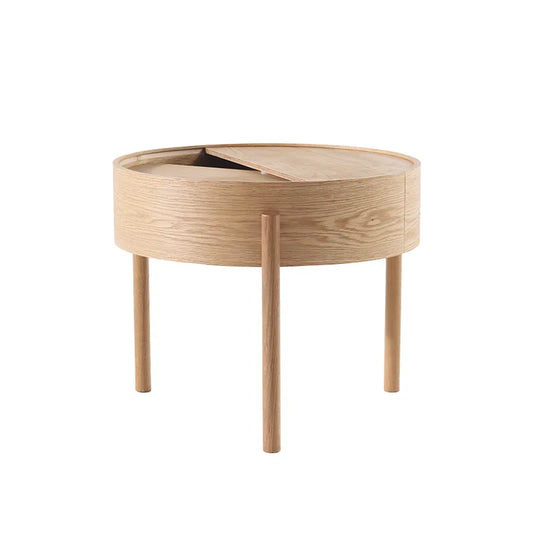Table basse bois clair scandinave ronde avec rangement -