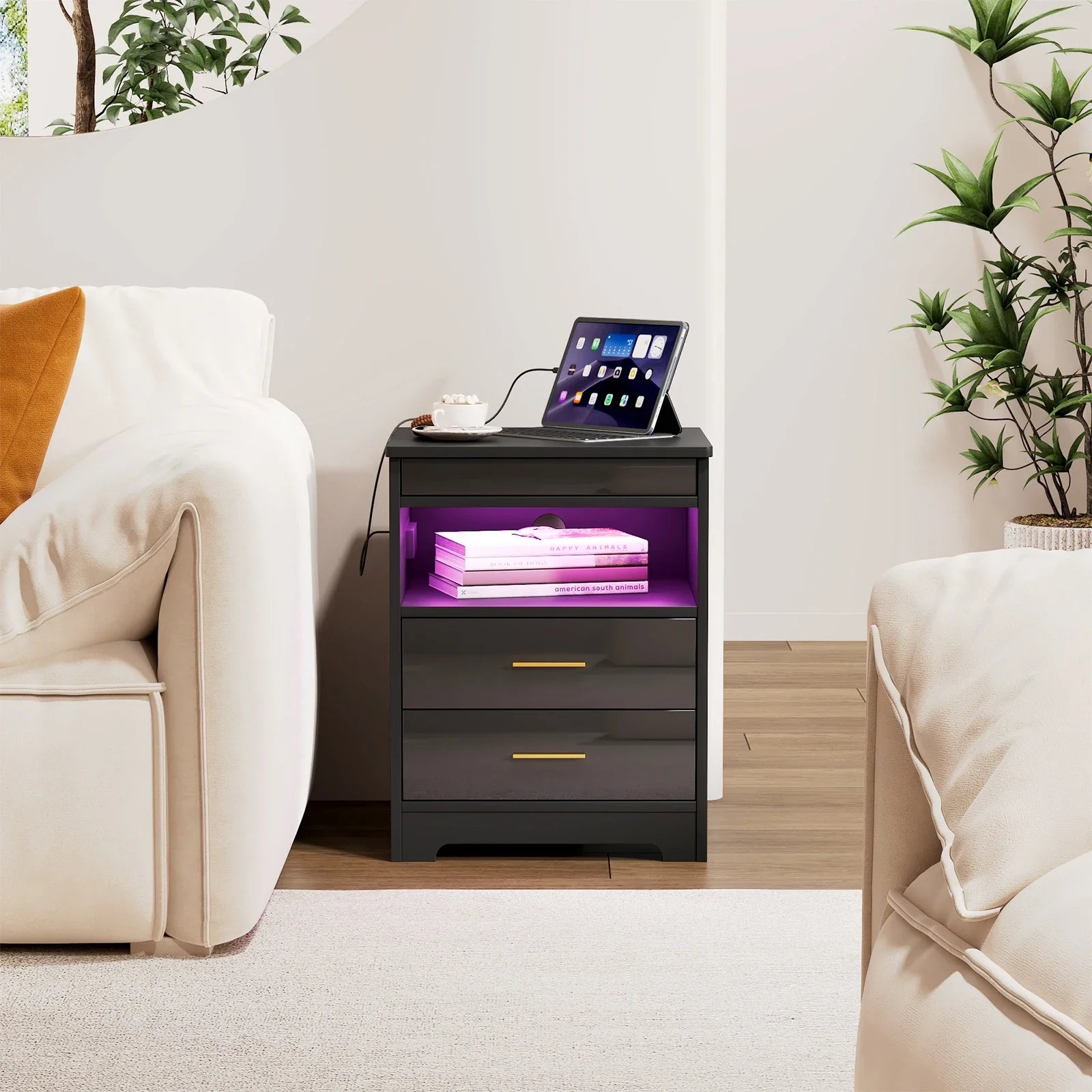 Table de chevet noir et bois avec prise -