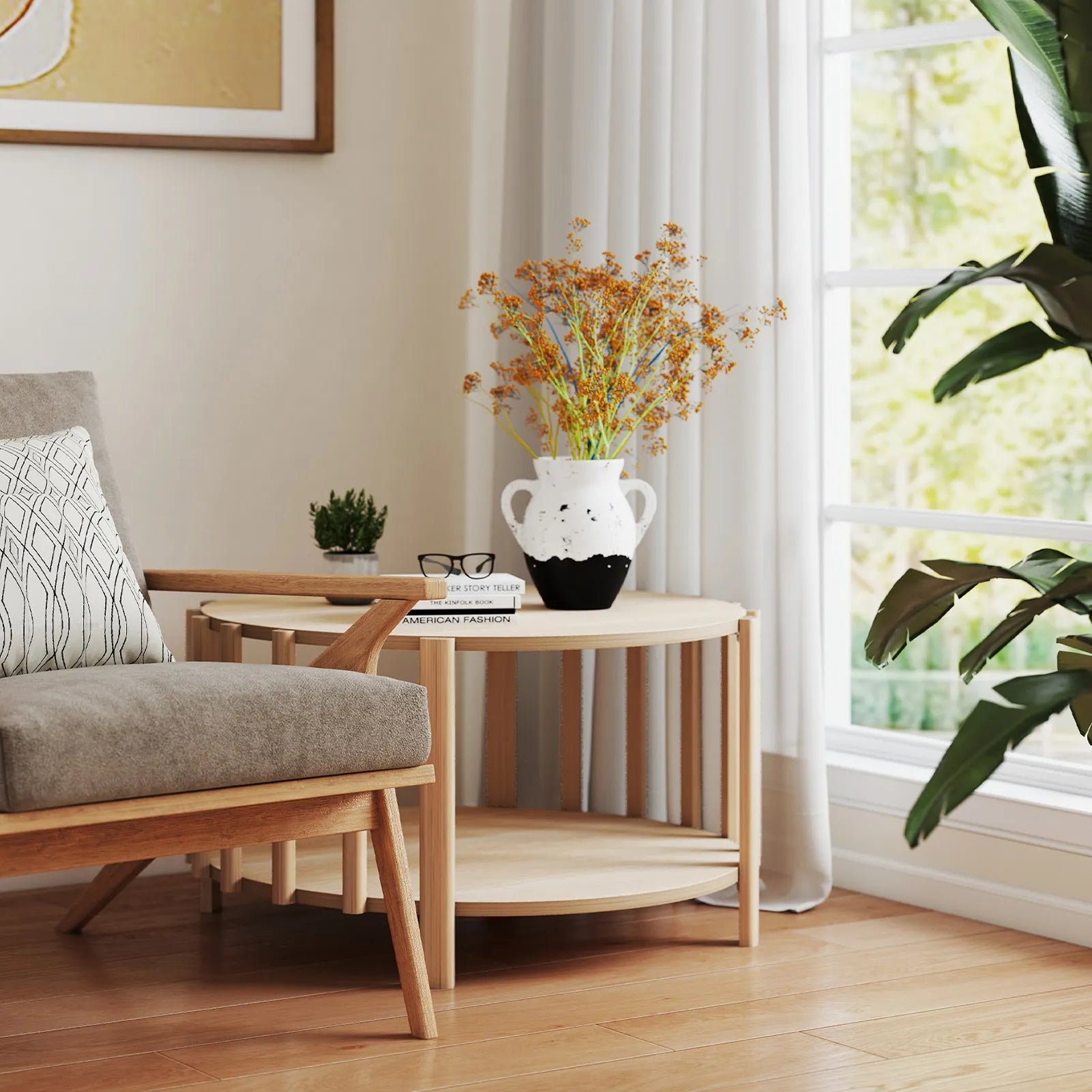 Table basse ronde avec rangement minimaliste -