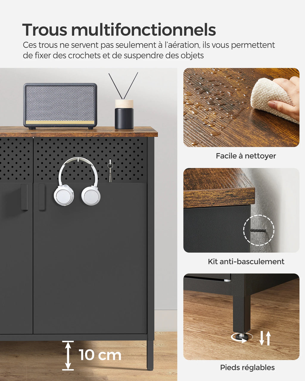 Meuble de rangement 2 portes à fermeture magnétique 40 x 80 x 76 cm -