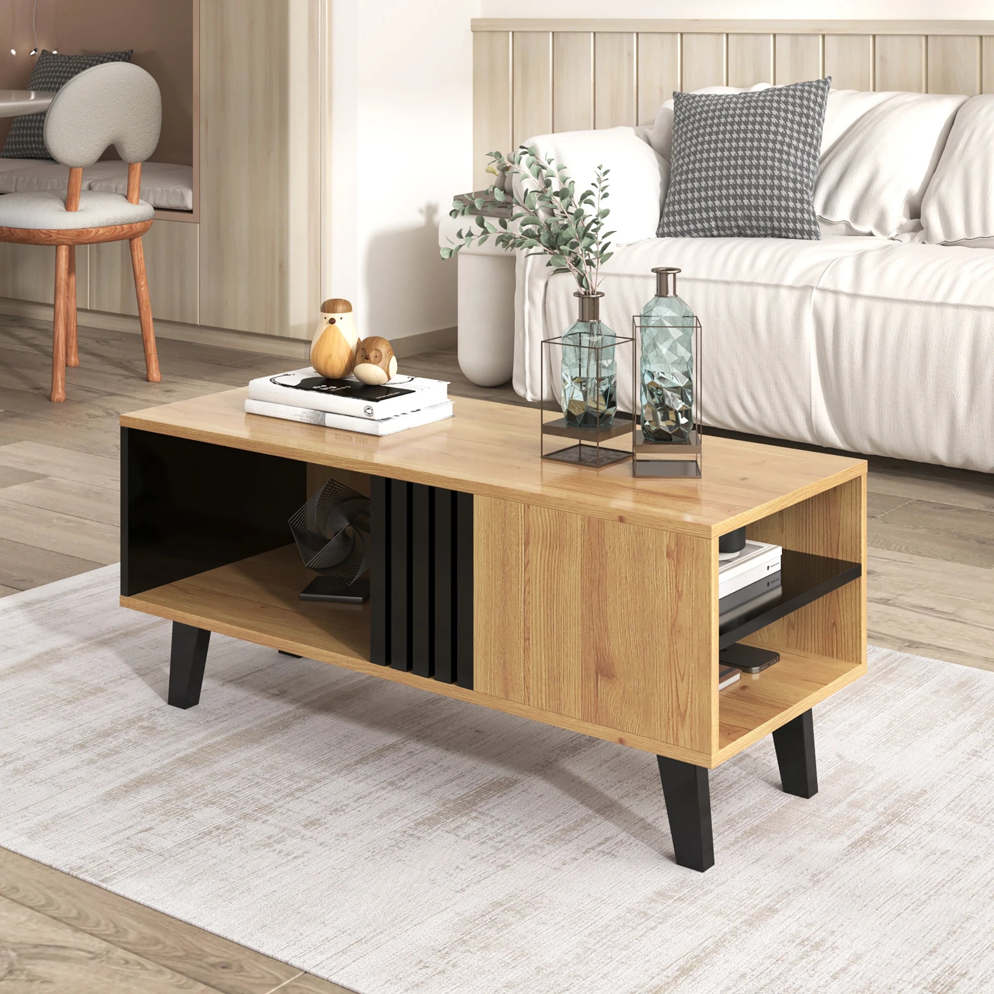 Table basse bois avec 4 pieds artisanal premium 100x60x45cm -