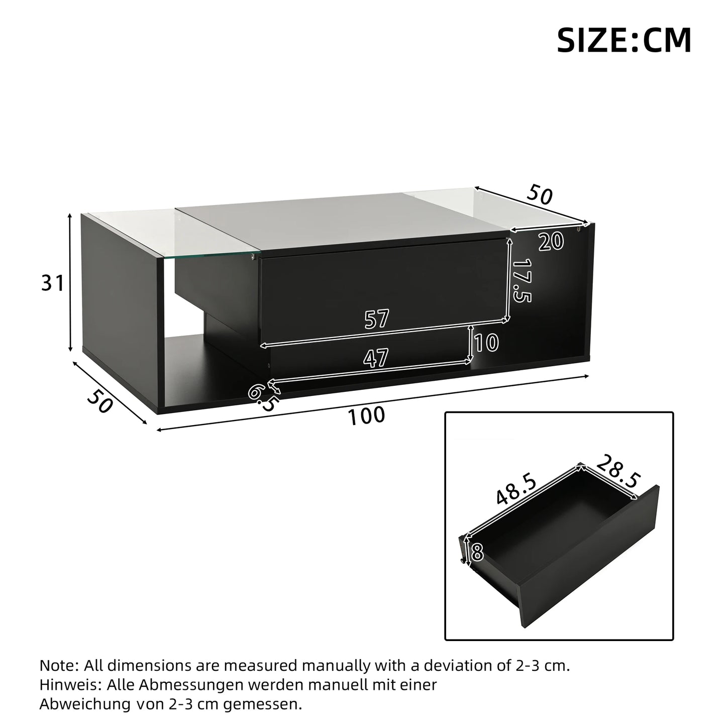 Table basse bois blanche et verre + led lumineux -