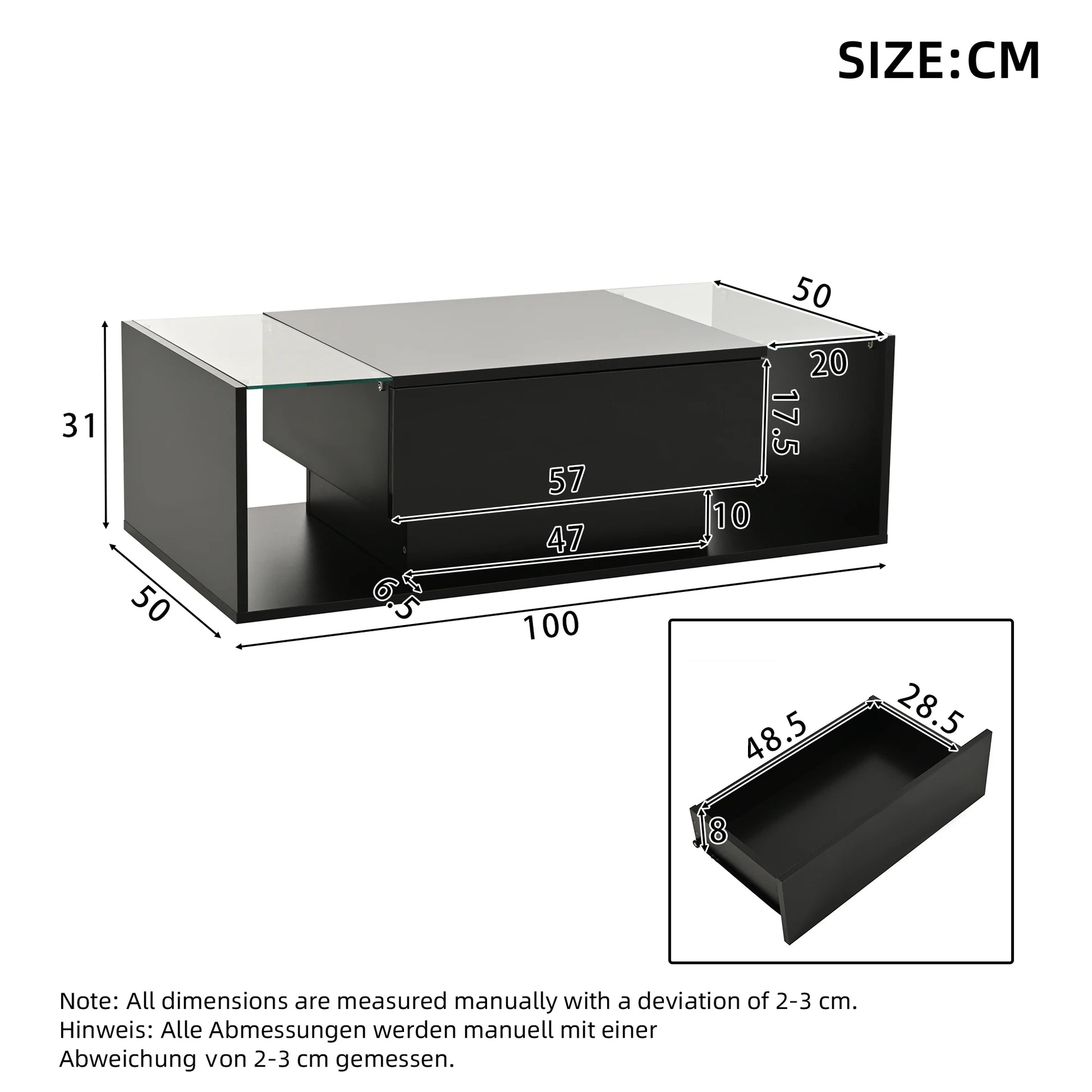 Table basse bois blanche et verre + led lumineux -