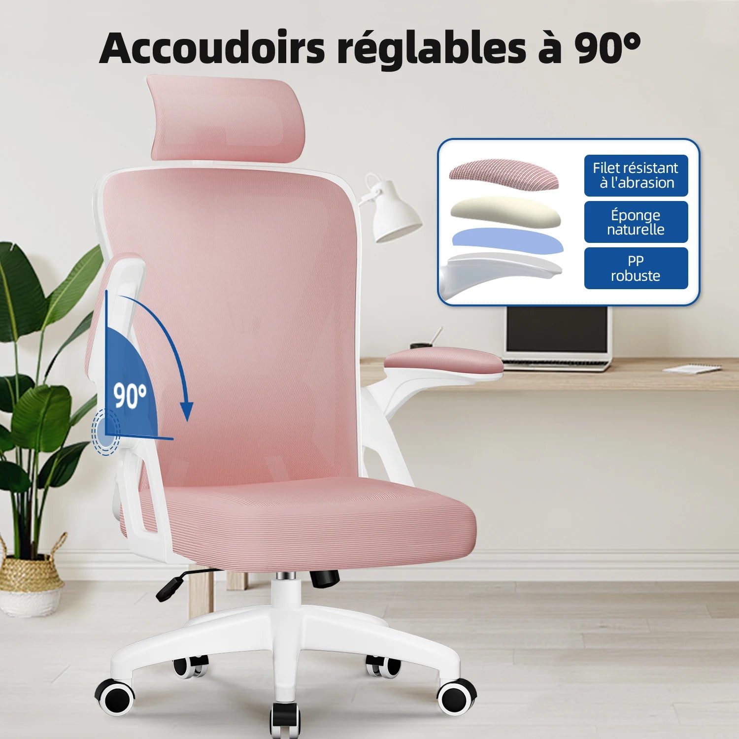 Chaise de bureau à roulette avec accoudoirs réglables -