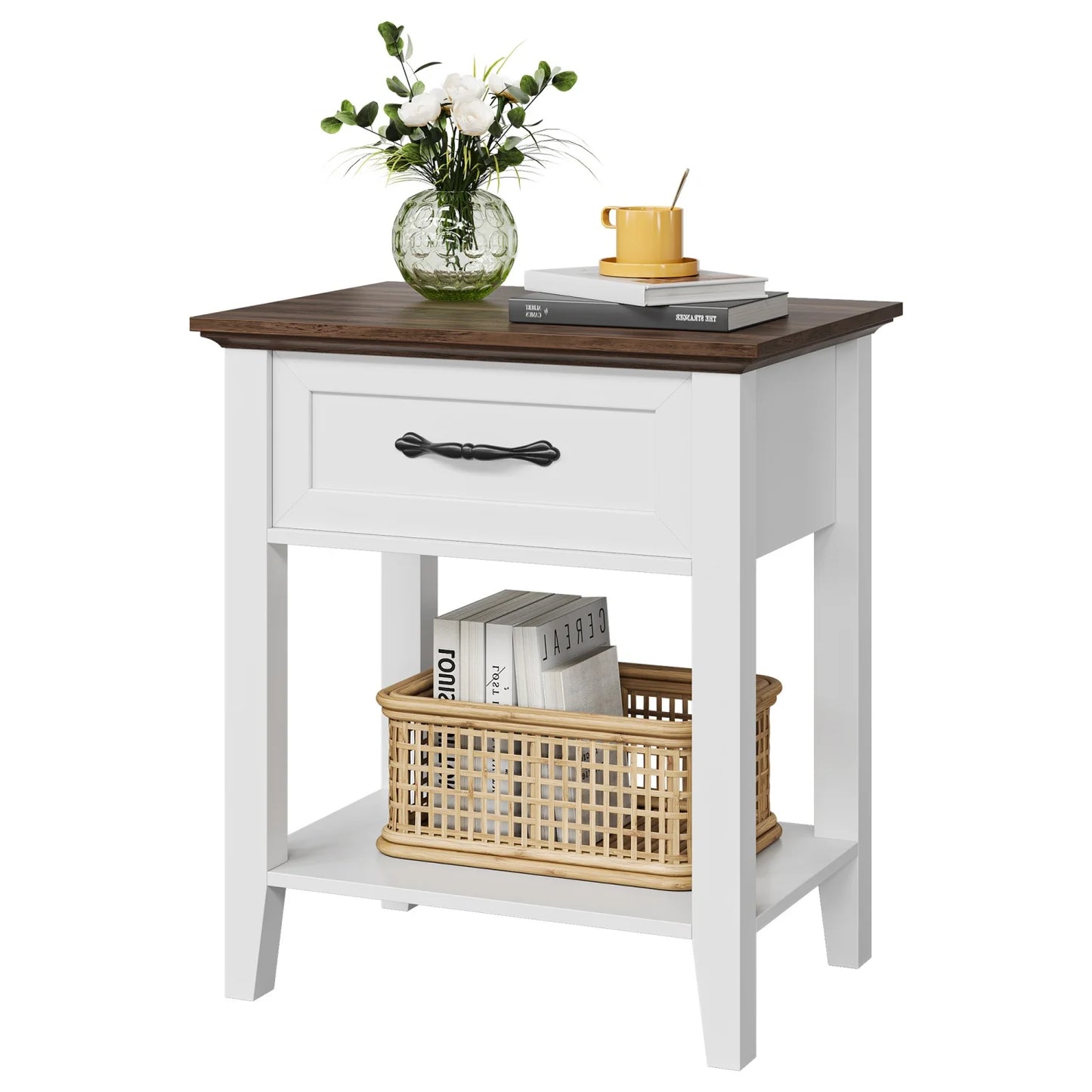 Table de chevet ancien 1 tiroir - Blanc-1pc Table de chevet