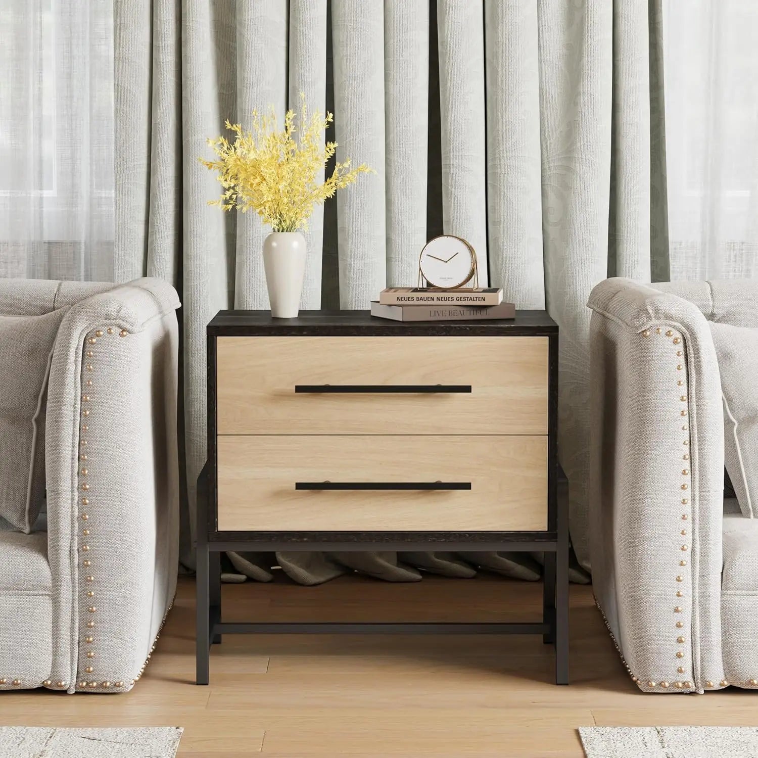 Table de chevet style campagnard 2 tiroirs -