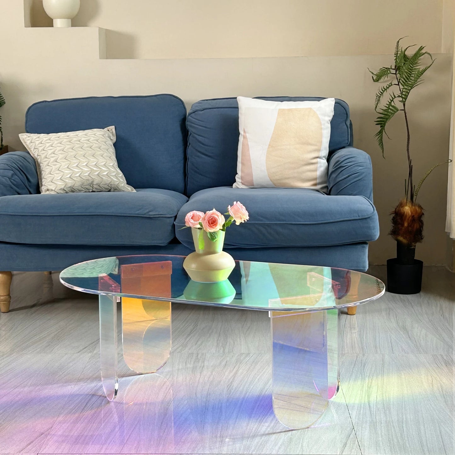 Table basse verre ronde et acrylique irisé -