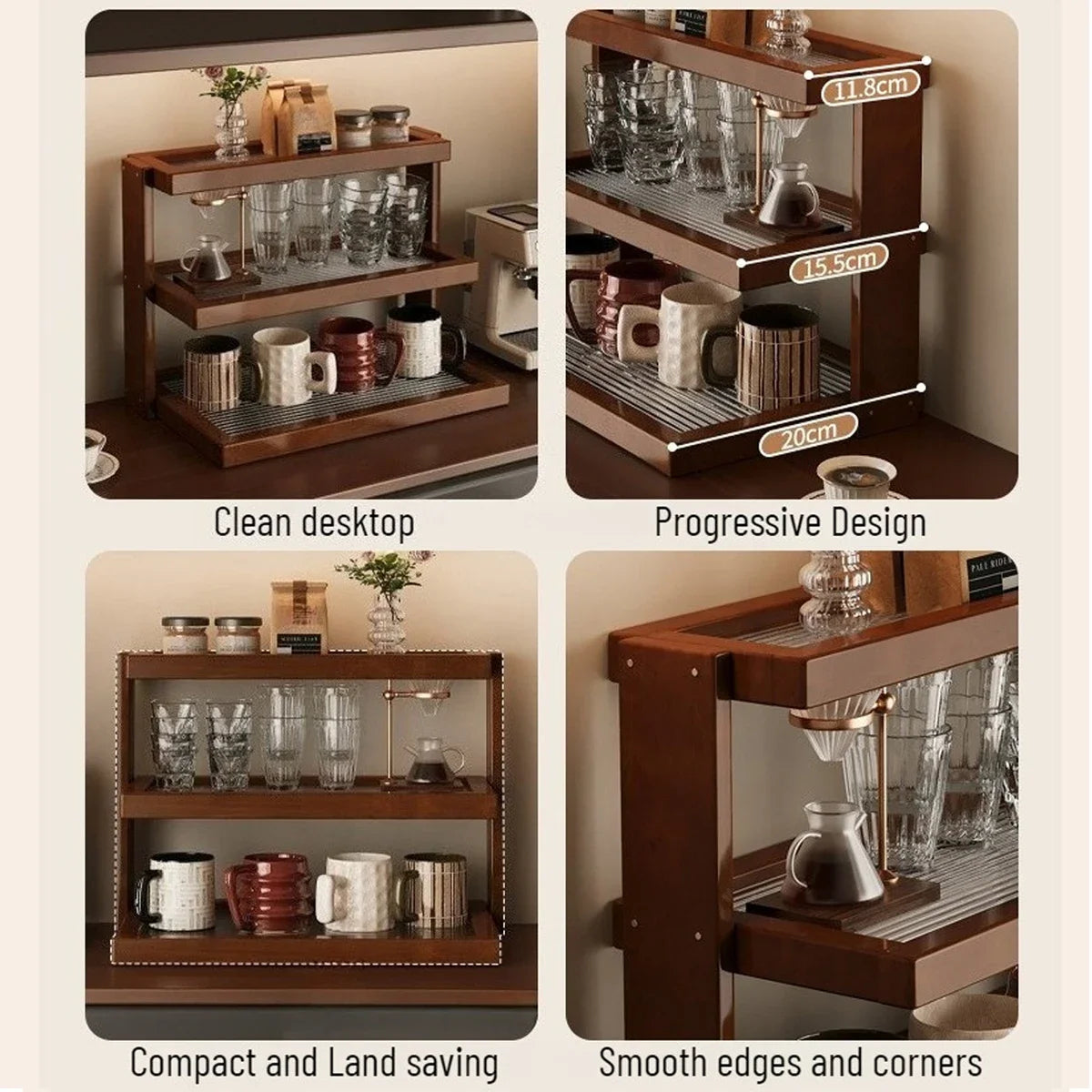 Étagère café retro d'angle en bois massif -