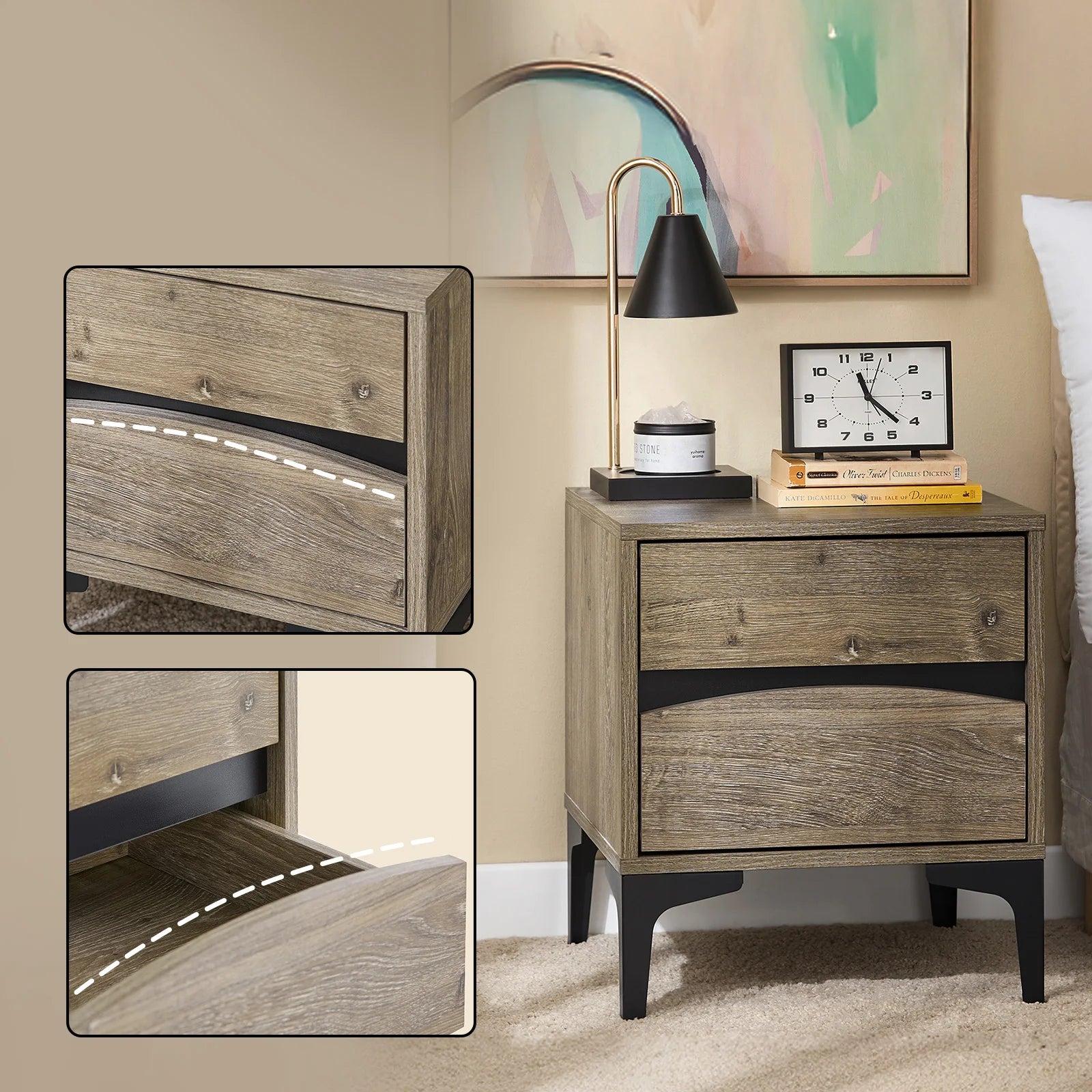 Table de chevet en bois avec 2 tiroirs - 40x40x47cm -