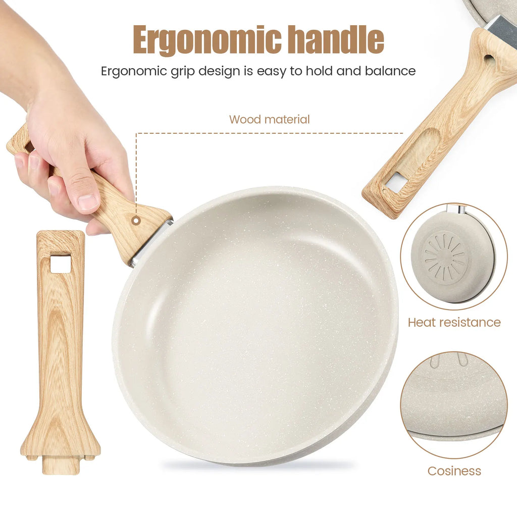 Poêle céramique compatible à induction avec poignée en bois -