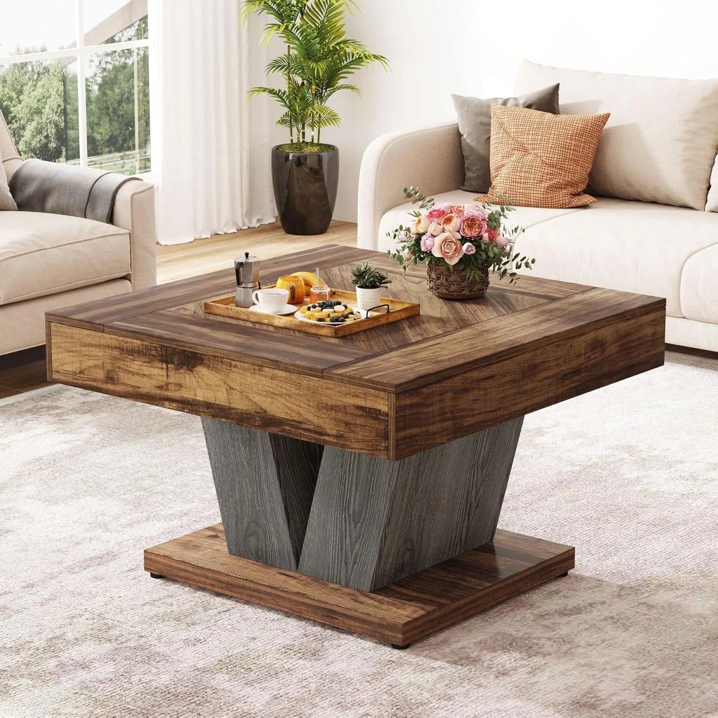 Table basse bois massif design carré avec pied original - Marron