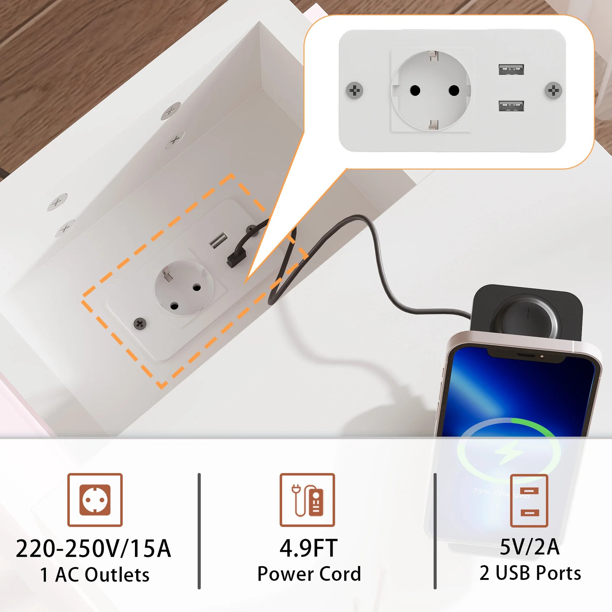 Table de nuit connecté avec station de charge et 3 tiroirs -