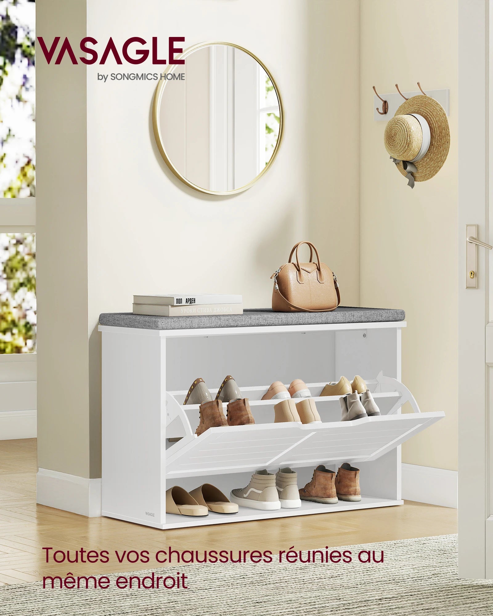 Étagère chaussures banc de couleur blanche 30 x 80 x 53.5 cm -