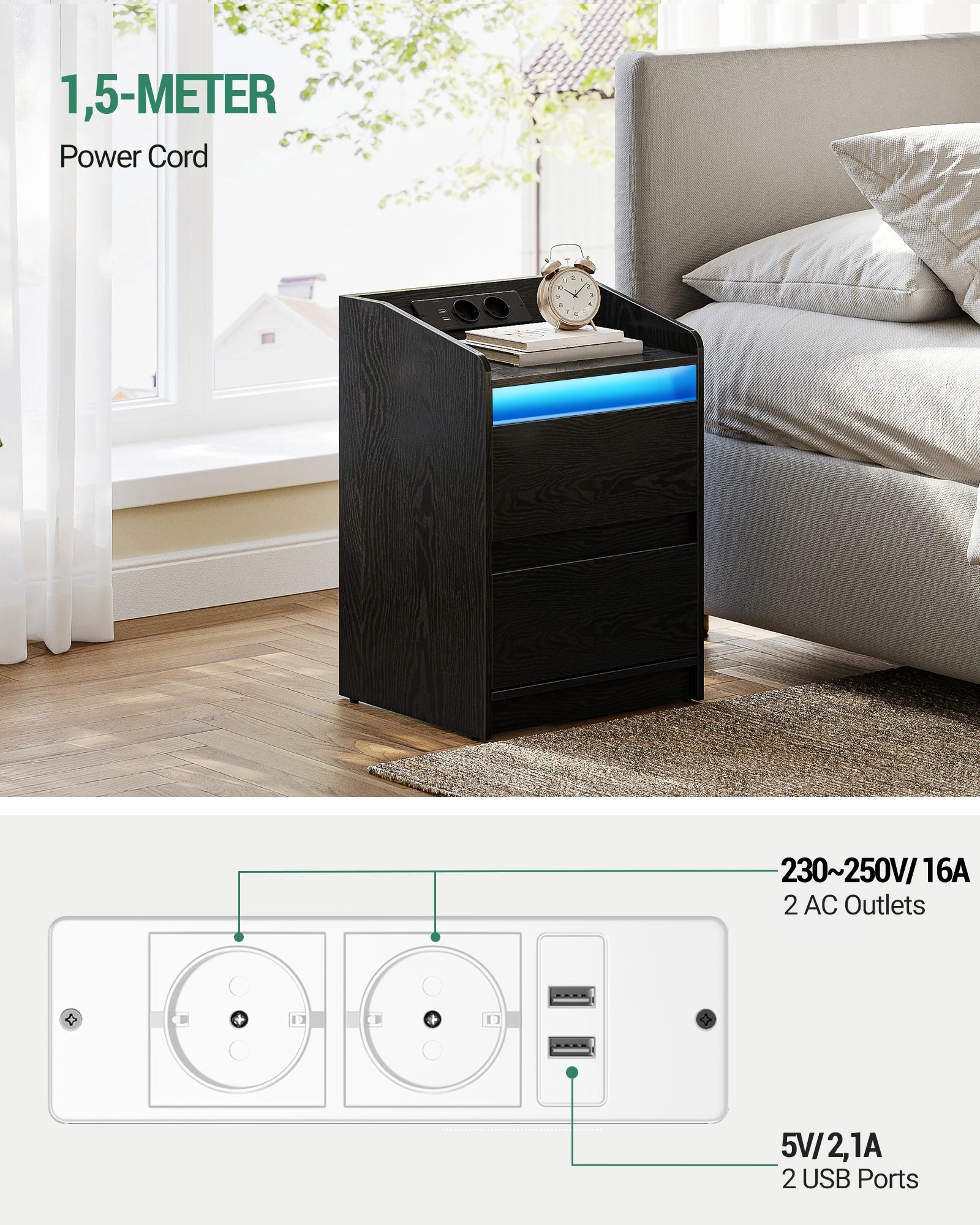 Table de nuit d'appoint élégant avec multiprise -