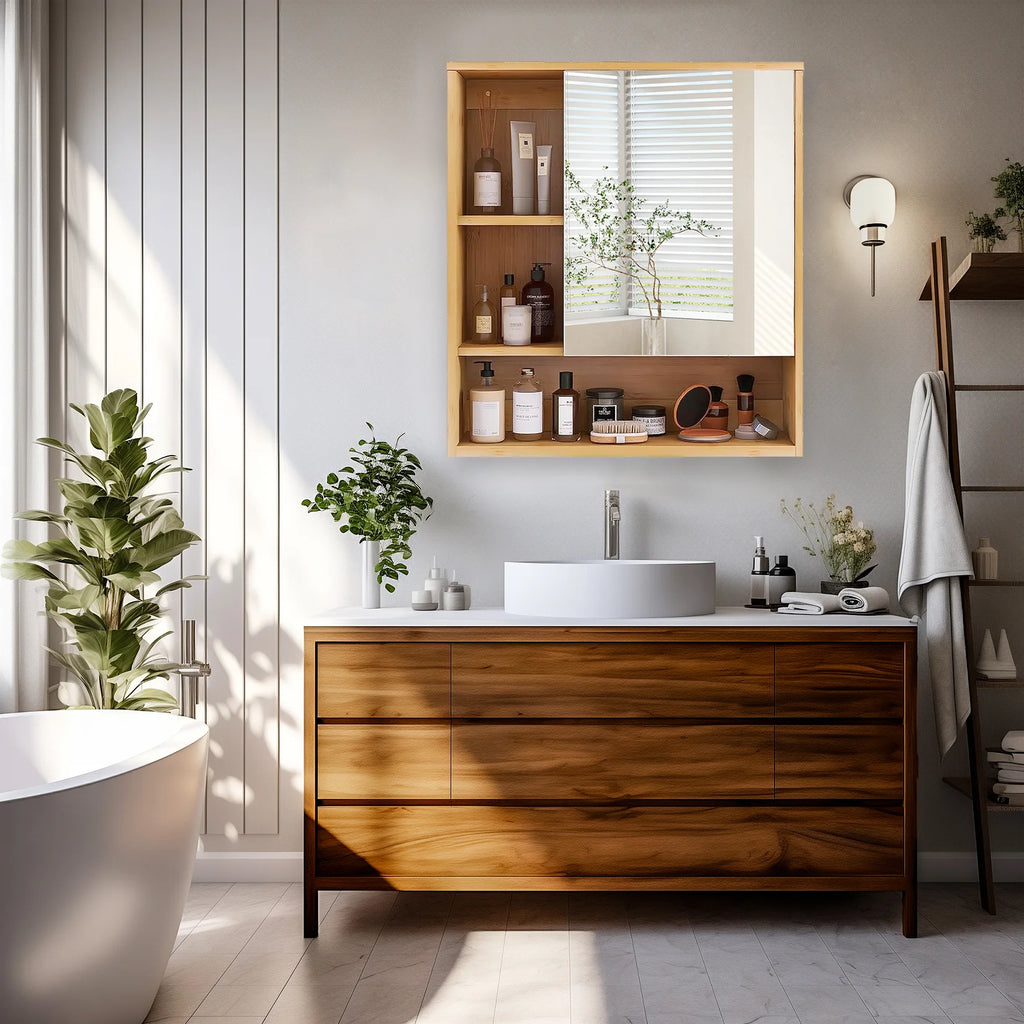 Meuble salle de bain bambou moderne idéal pour médicaments -