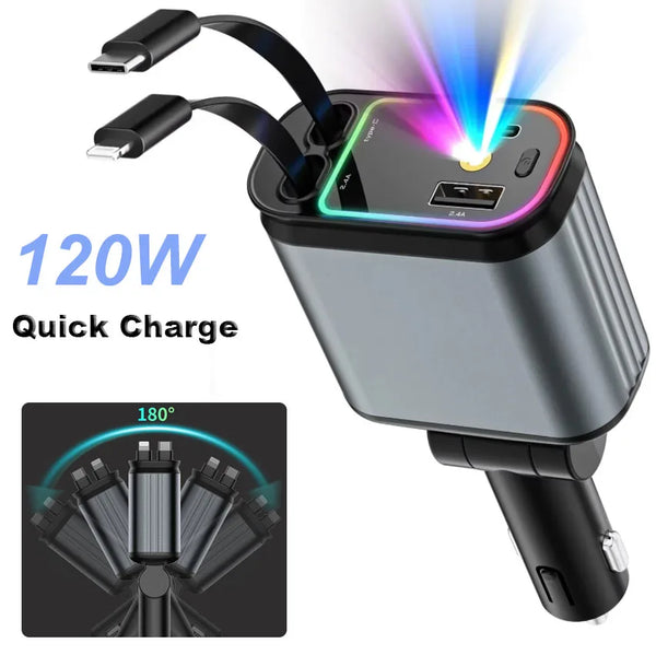 Chargeur Rapide rétractable 4 en 1 pour voiture 120W USB Type-C Ports 12-24V -