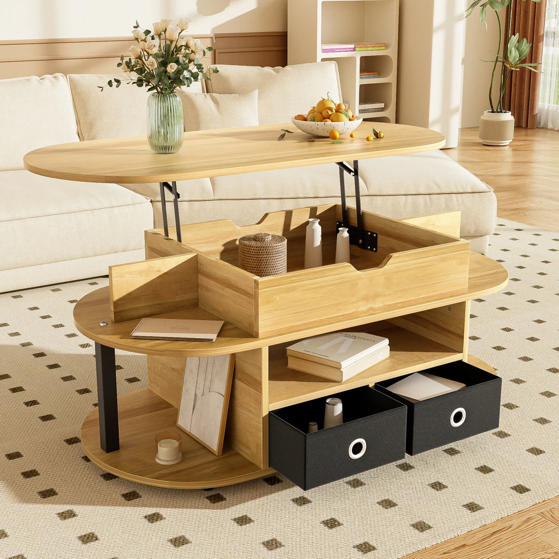 Table basse en bois transformable à plusieurs compartiments -