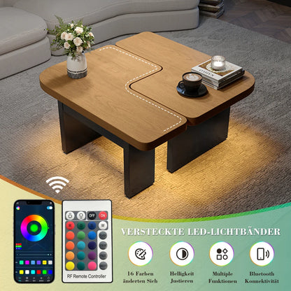 Table basse bois ronde et carré originale avec compartiments tiroirs -