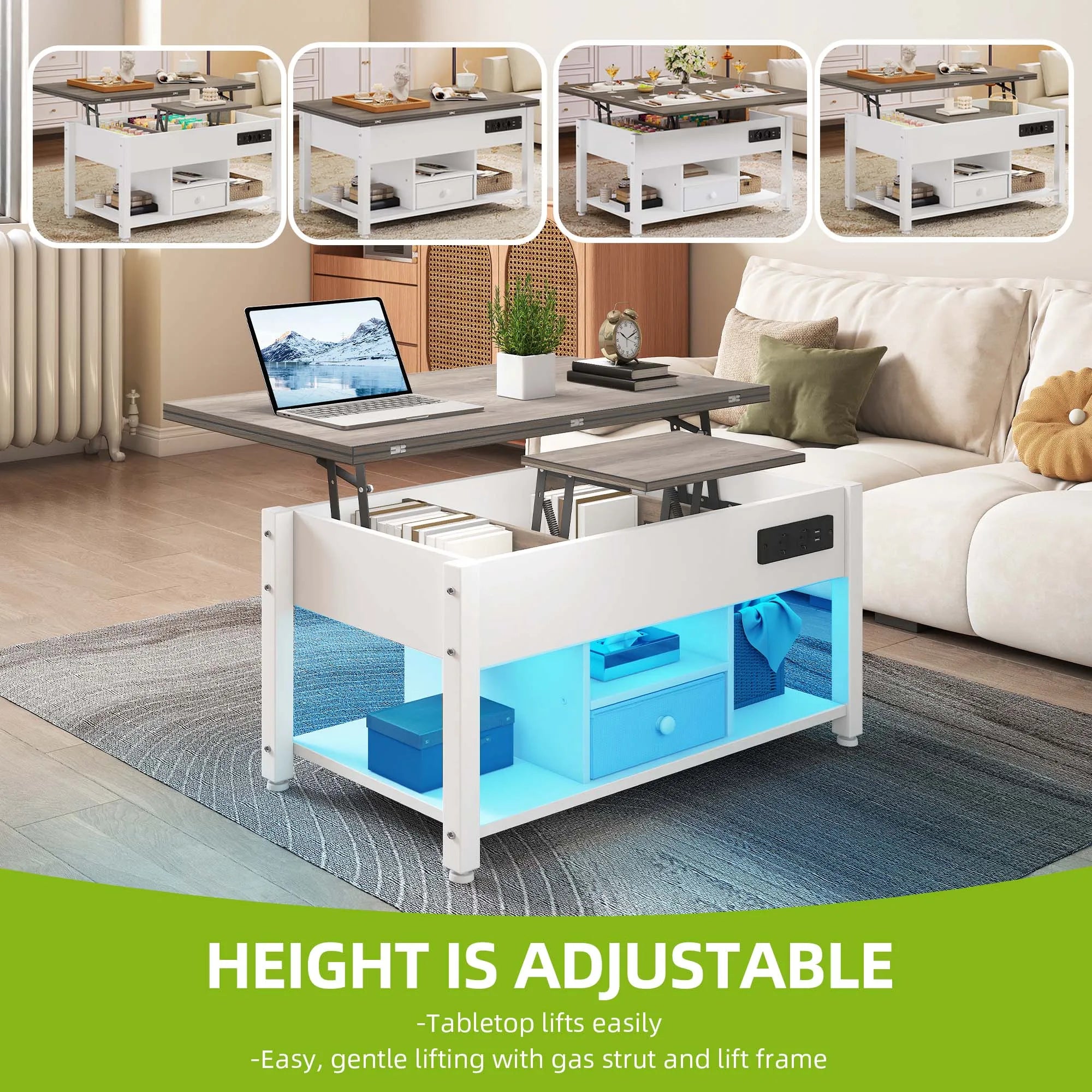 Table basse grise et blanche 4 en 1 transformable -