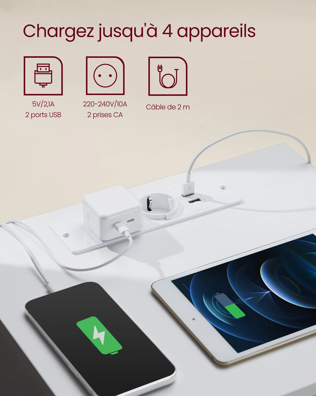 Table de chevet blanche à 3 tiroirs moderne -