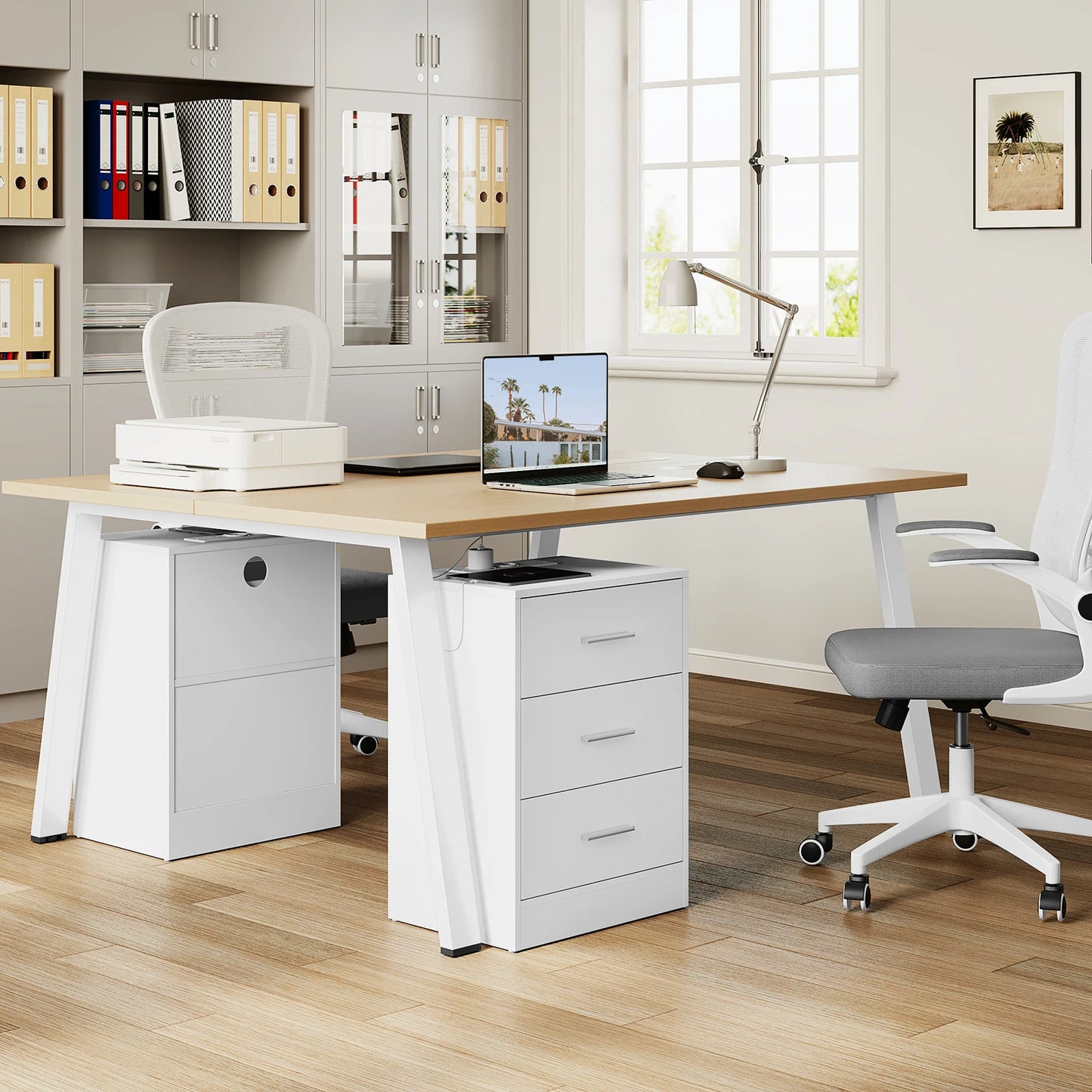 Table de chevet avec prise 3 tiroirs blanc -