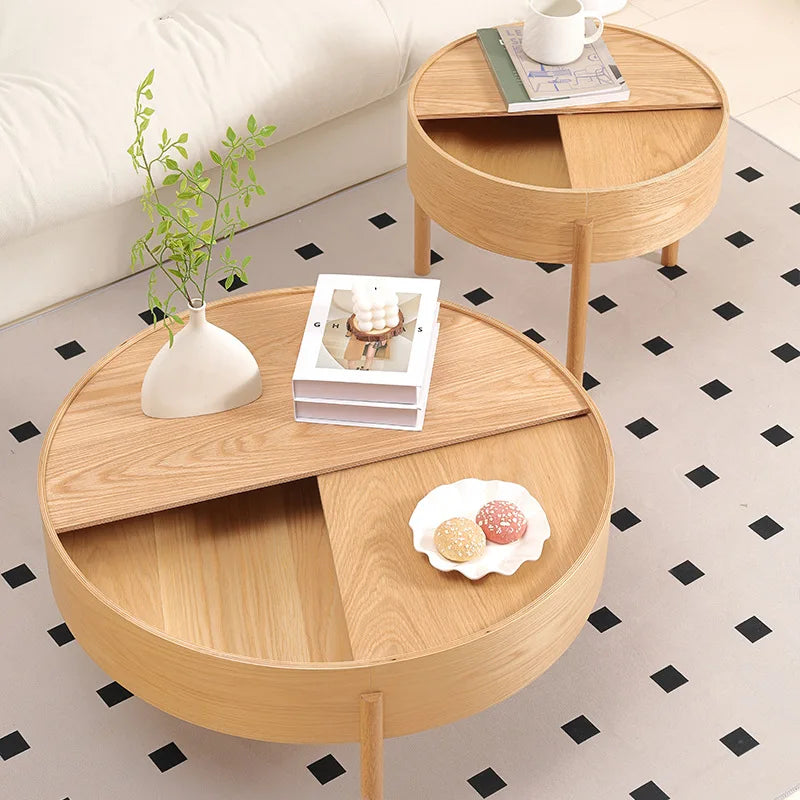 Table basse bois clair scandinave ronde avec rangement -