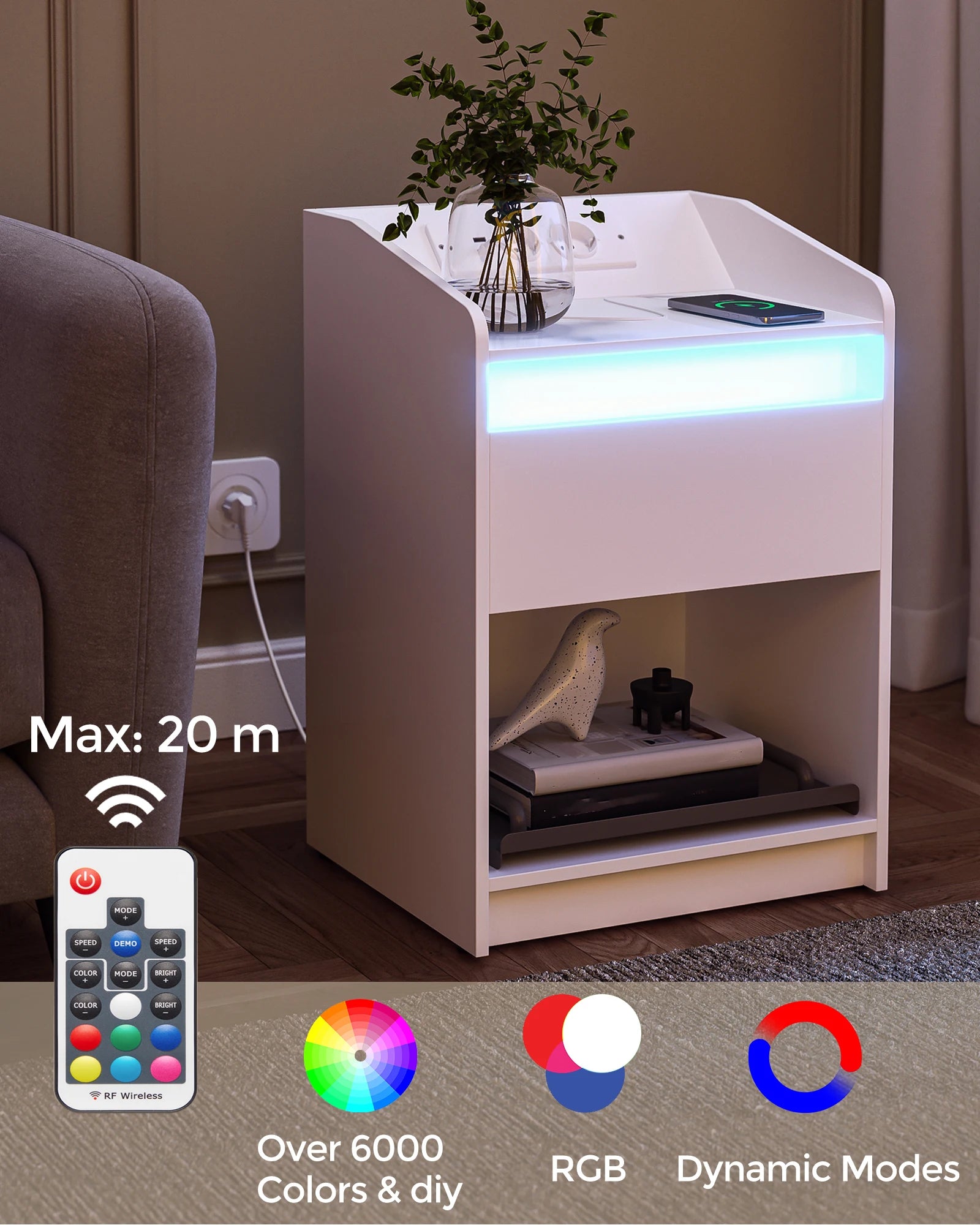 Table de chevet avec lumière LED et station de charge -