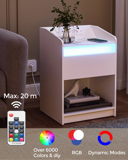 Table de chevet avec lumière LED et station de charge -