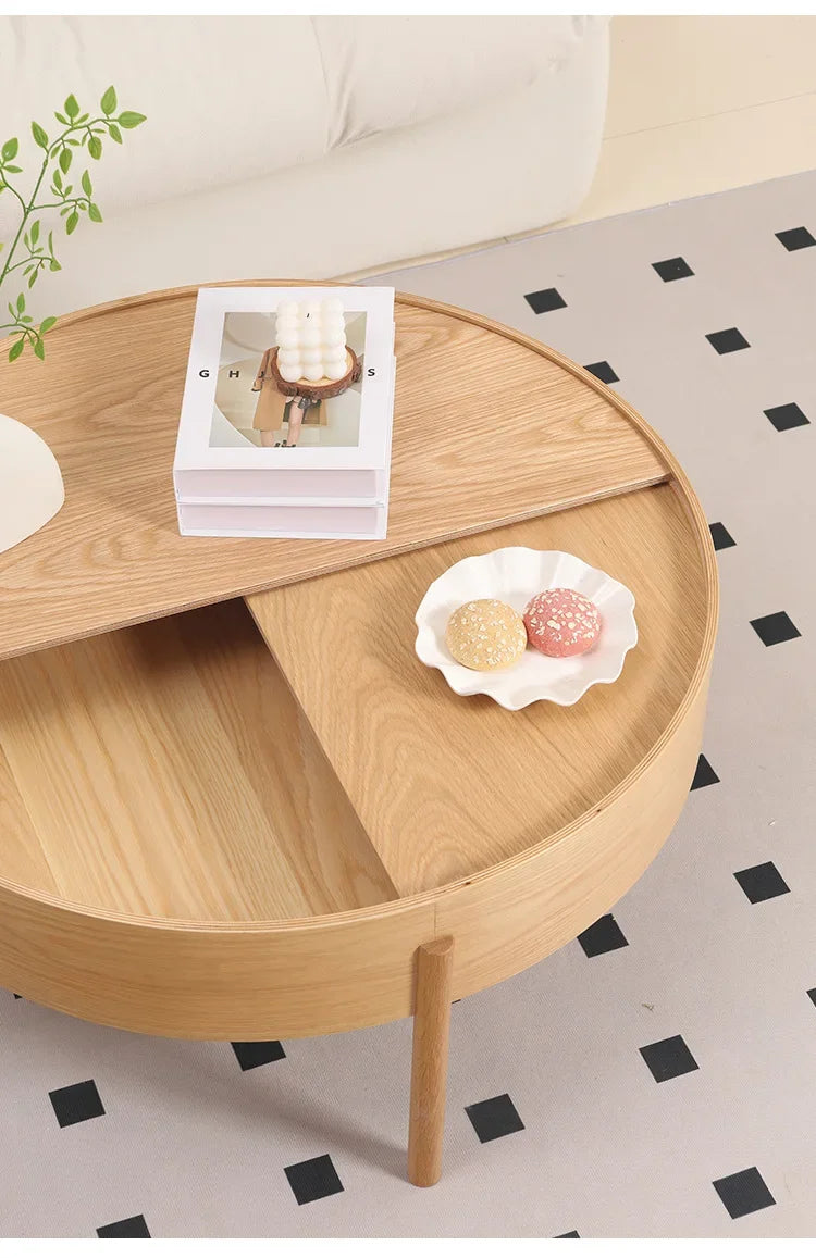 Table basse bois clair scandinave ronde avec rangement -