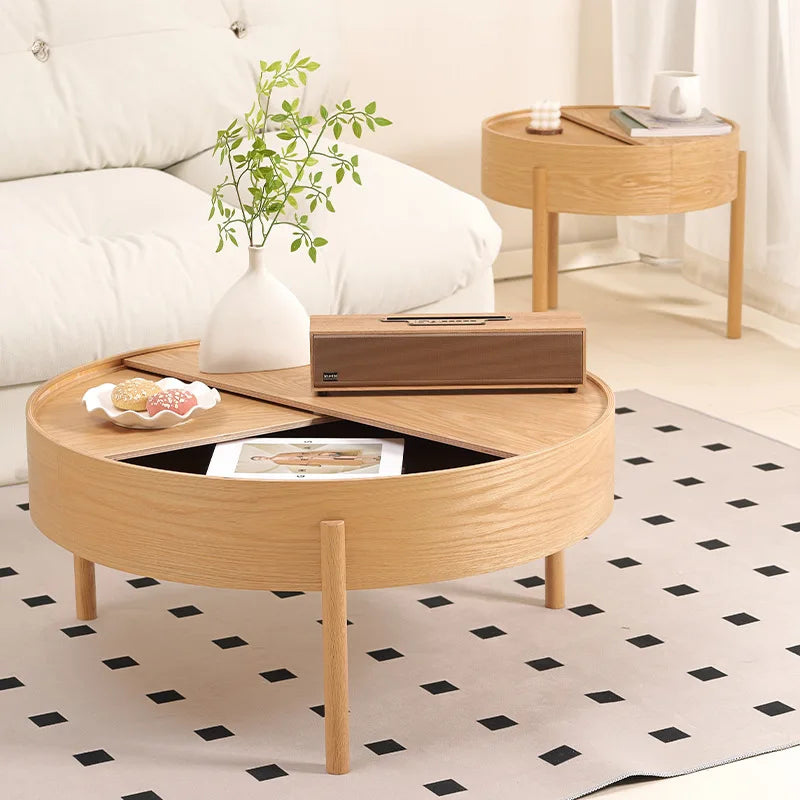 Table basse bois clair scandinave ronde avec rangement -