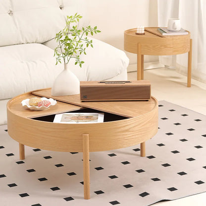 Table basse bois clair scandinave ronde avec rangement -