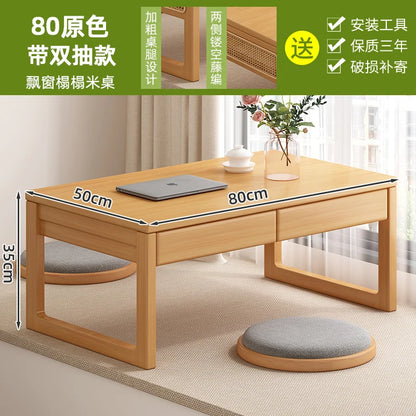 Table basse bureau japonais en bois naturel - 80 Bois 2 tiroirs