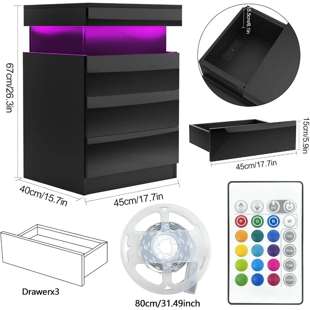 Table de Chevet design noir avec 3 Tiroirs et LED -
