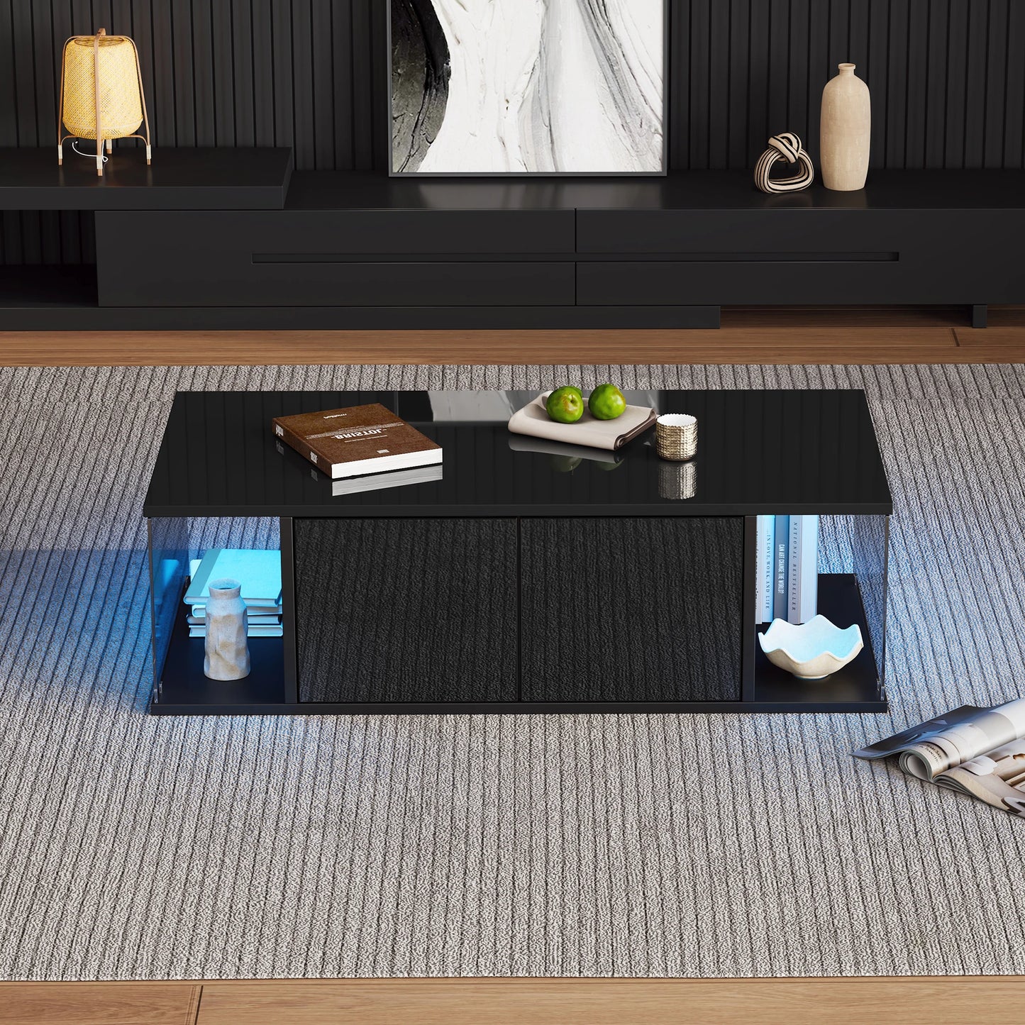 Table basse de salon noir en verre trompé -